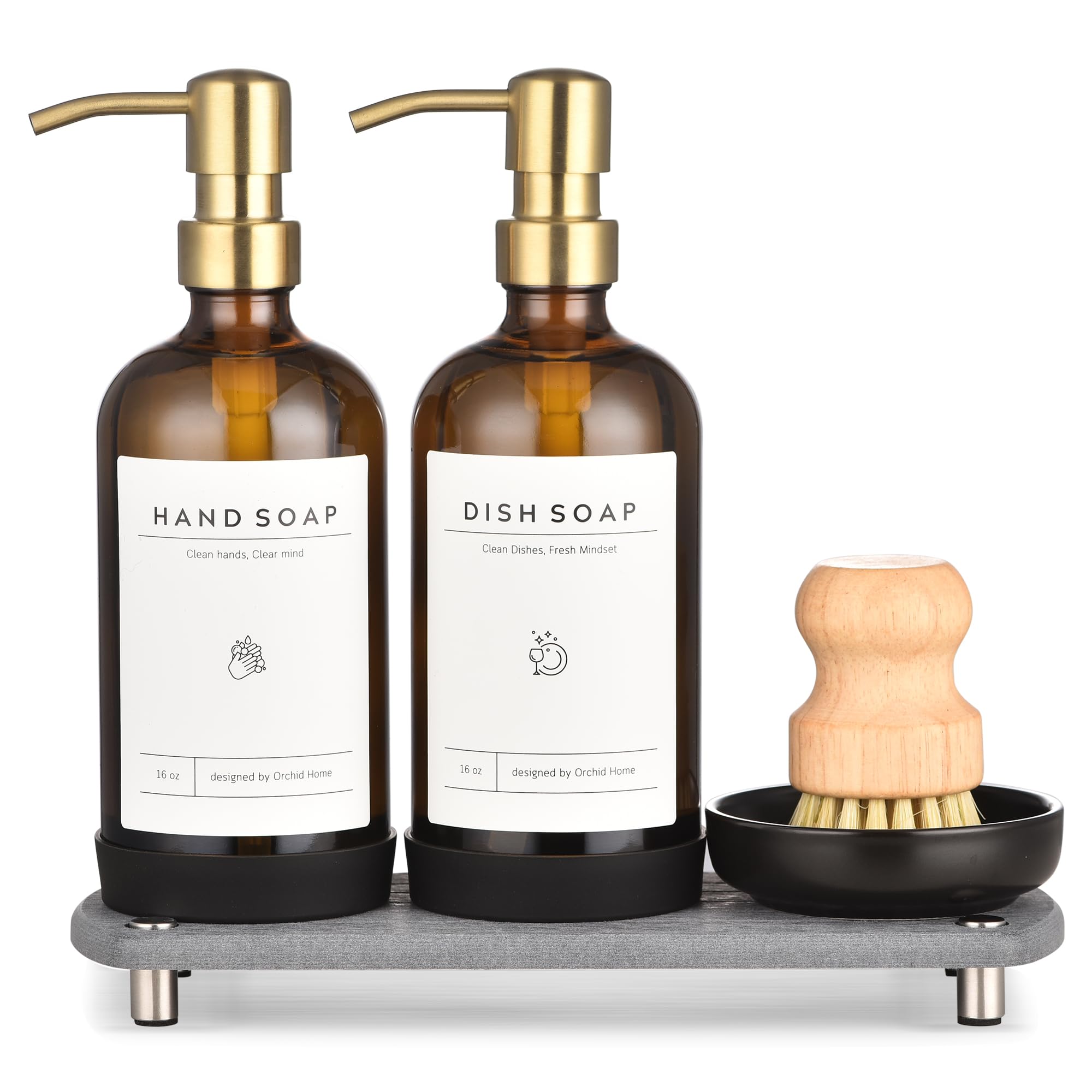 Photo 1 of [Luxury] Kitchen Soap Dispenser Set - 16OZ Amber Glass Bottle, Stainless Steel Pump, Instant Dry Tray, Waterproof Labels, Non-Slip Silicone Pad, and Dish Brush | Upgrade for Your Kitchen and Bathroom