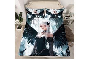 Erosebridal Anime Girl Bed Sheets Queen Size, Kawaii Japanese Anime Fitted Sheet for Kids Boys Teens Adult, Cartoon Girl Bedding Set Japan Animation Bedroom, Machine Washable, Black White