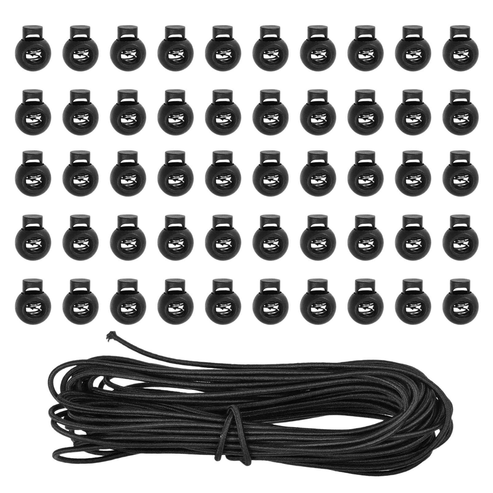 Vokmon 50 Pieces Drawstring Toggles For Cord And 32 Feet Elastic Nylon Shock Plastic Single Drawstrings Buttons Fastener，Cord Stopper Lock Bag, Black