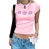 Cioatin Women Y2K Floral Graphic Short Sleeve Crop Tee Tops Round Neck Slim Fit Preppy Aesthetic Summer Baby Tshirt Girls
