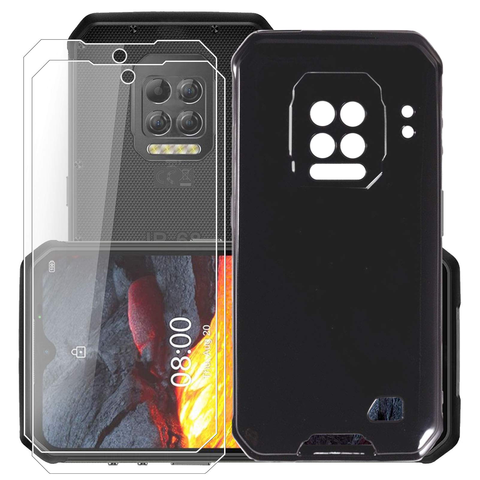 KJYF Protective Case Black Bumper Cover TPU + 2 Pieces Tempered Glass Screen Protector for Ulefone Armor 9 (6.3 Inches), Film Tempered Glass Film + Silicone Shell Case Mobile Phone Case – Black