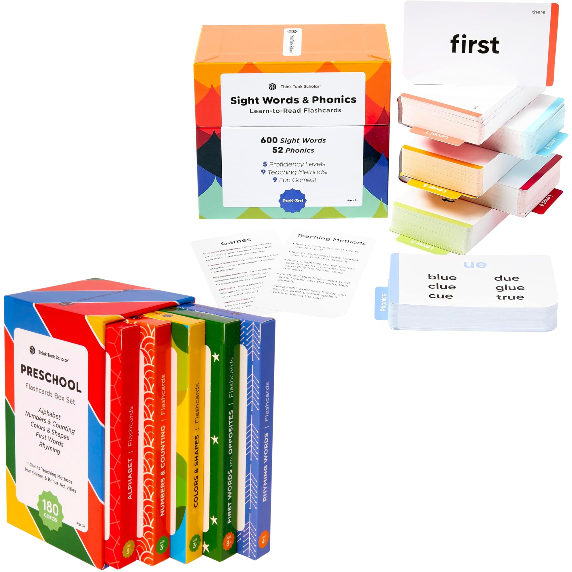 652 Sight Words Phonics + 180 Preschool Bundle Flash Cards, Learn to Read: CVC Blends, Short/Long Vowel Sounds, Dolch & Fry High Frequency Site Words + Games