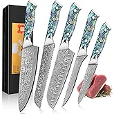 KEENZO Damascus Chef Knife Set 5 pcs, Professional Kitchen Knives Set, Chef's Knife, Santoku,Bread, Paring, Fillet, Utility,Sharp Blade Cooking Knife set, Ergonomic Abalone Shell handle with Gift Box