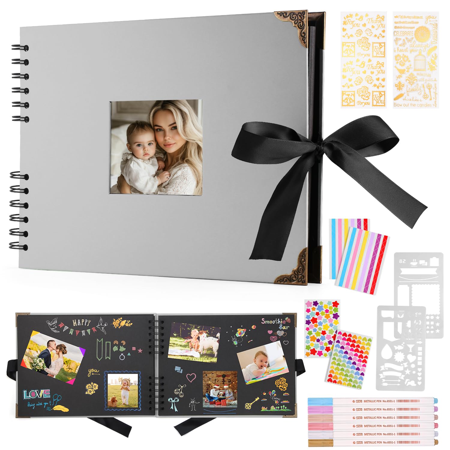 DazSpirit Photo Books, 29.5 X 21 CM Wedding Photo Albums, Photo Album With Writing Space, 80 Pages Scrapbook, For 240 Pictures, 6 Color Marker Pen, Personalised Photo Book For Anniversary (Grey)