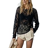 Aimiray Lace Tops Women Long Sleeve Crew Neck Mesh Tops Floral Printed Black Sheer Blouse Lightweight Cute Layering Shirts