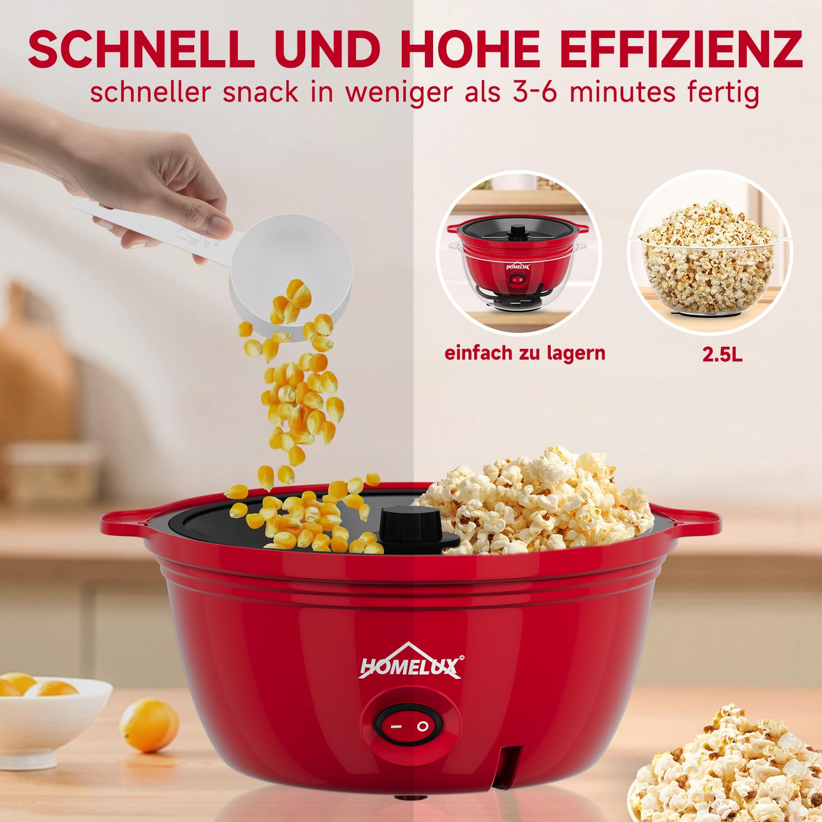 HOMELUX Popcornmaschine Popcorn Maker 450W Mini Popcorn Maschine mit Messlöffel Antihaftbeschichtung Snack Popcorn Popper für Zuhause Party Kinder, Deckel als Servierschale, Stille & Schnelle Rot 4