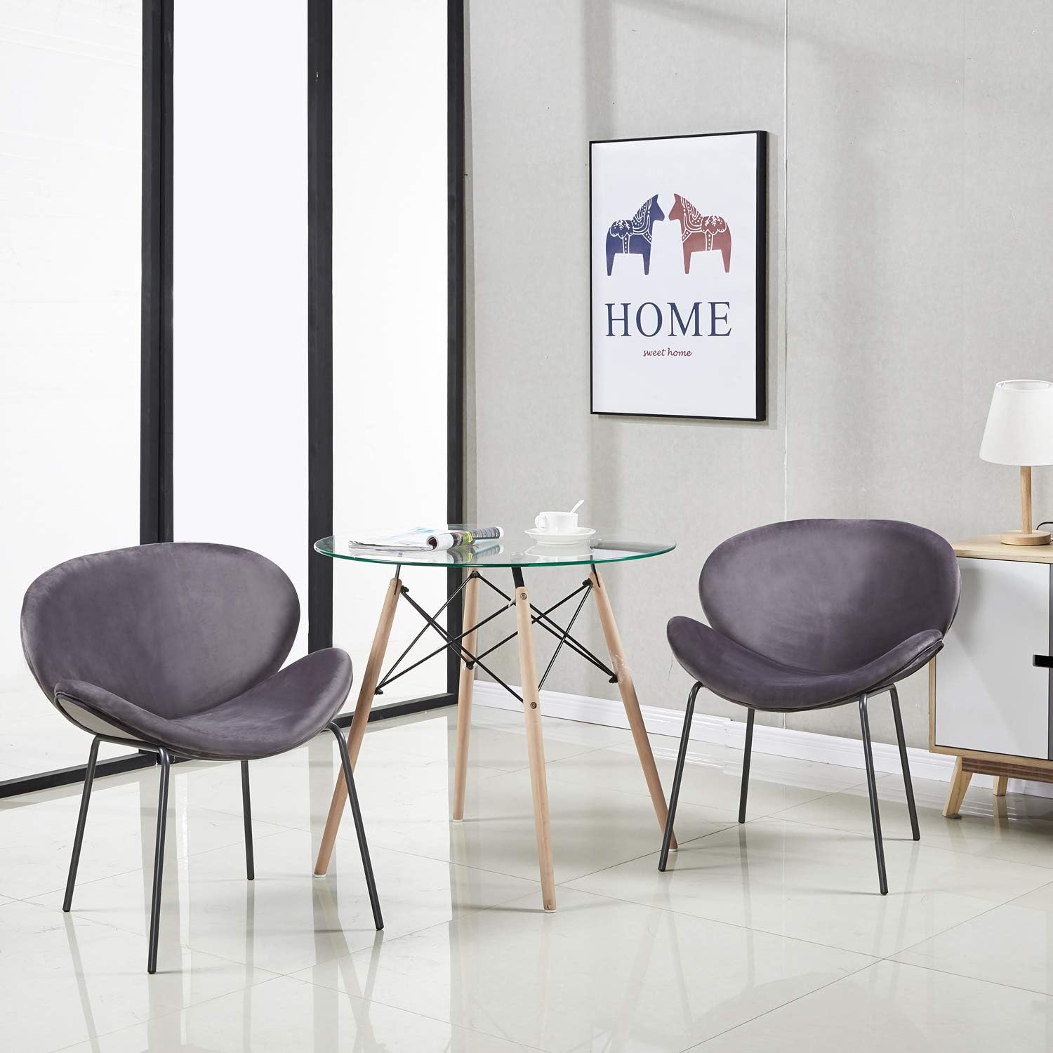 EGGREE Set of 2 Lounge Chair Upholstered Chair Accent Chairs Vintage Velvet Fabric Seat, Metal Legs, Grey