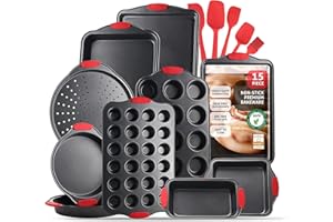 JOYTABLE Baking Pan Set, 15 Piece Premium Nonstick Bakeware Sets BPA Free, Cookie Sheets Nonstick Steel Baking Sheets for Oven with Muffin Pan, Cake Pan & Kitchen Utensils - Black