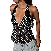 Gleeneat Women's Y2k Halter Going Out Polka Dot Mesh Top Open Back Deep V Neck Sleeveless Crop Tank Tops Trendy Outfits