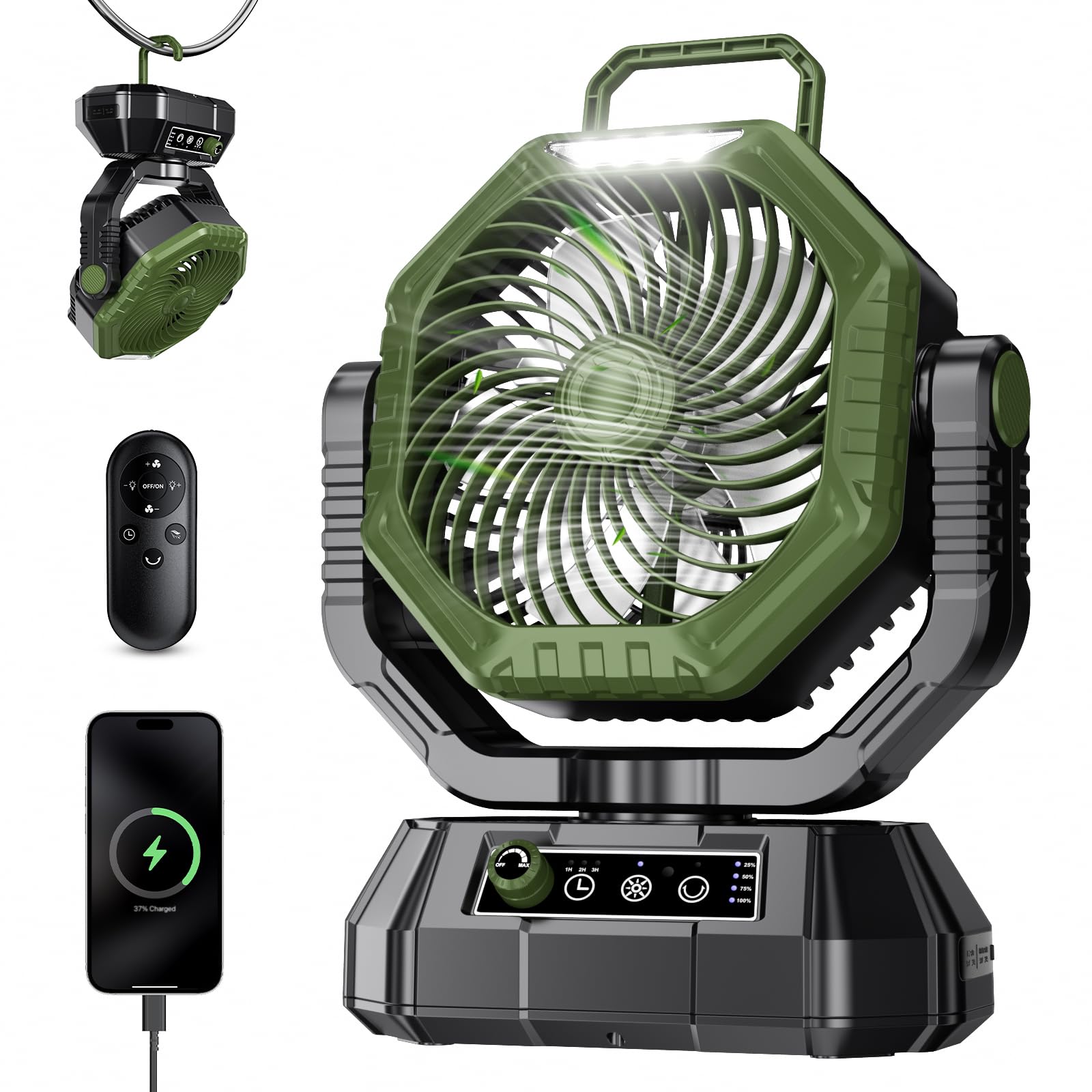 Photo 1 of AJVV Camping Fan Rechargeable, Battery Powered Fan With Remote Controller, LED Light, Dual Motors, Stepless Speed, 45°/90°/270° Swing,Timer, Portable fan For Travel Tent Bedroom Beach Fishing, Green
