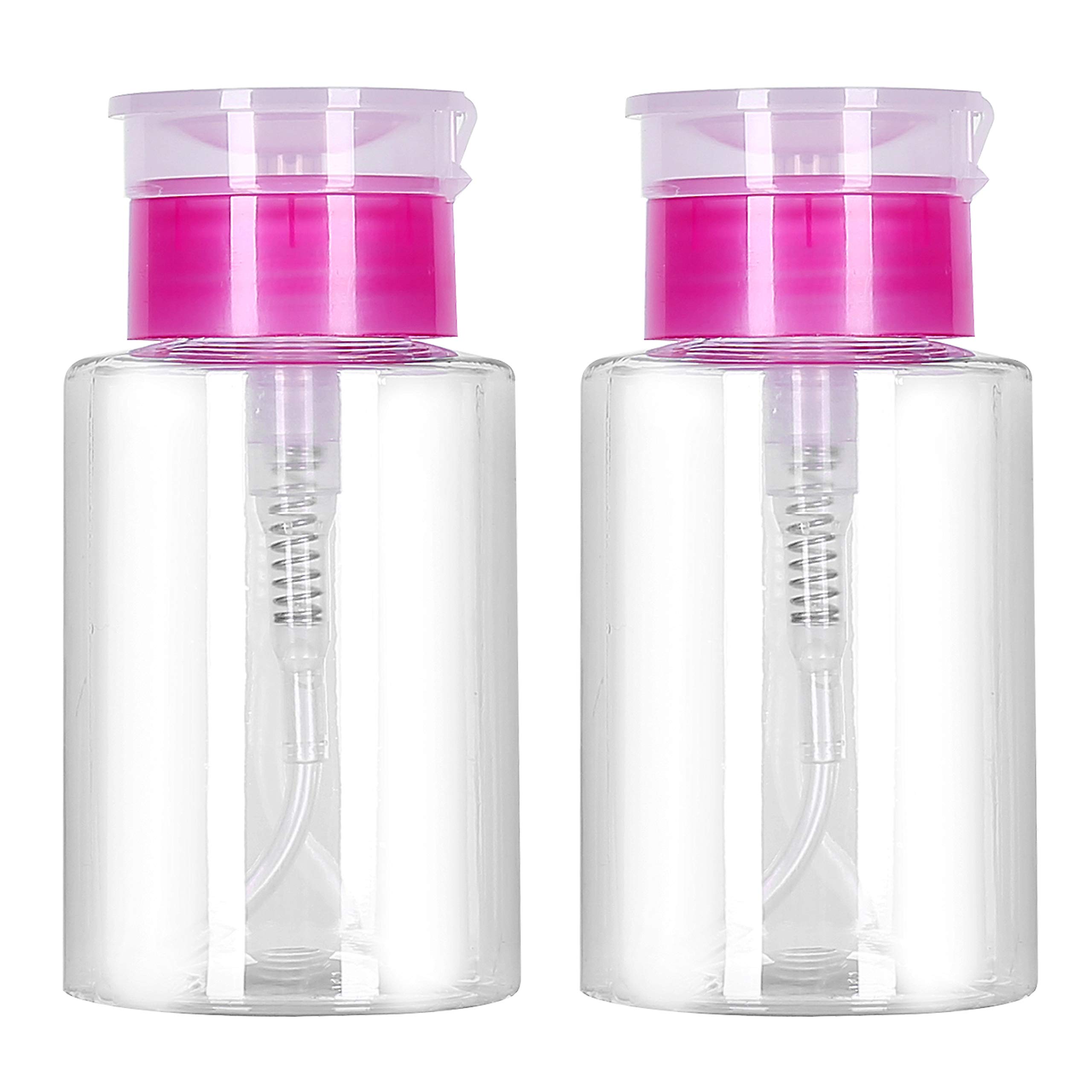 SPRING SISTERS 2 Pcs 180ml Nail Polish Remover Pump Dispenser Push Down Cleanser Bottle, Transparent with Pink Cap, Unscented