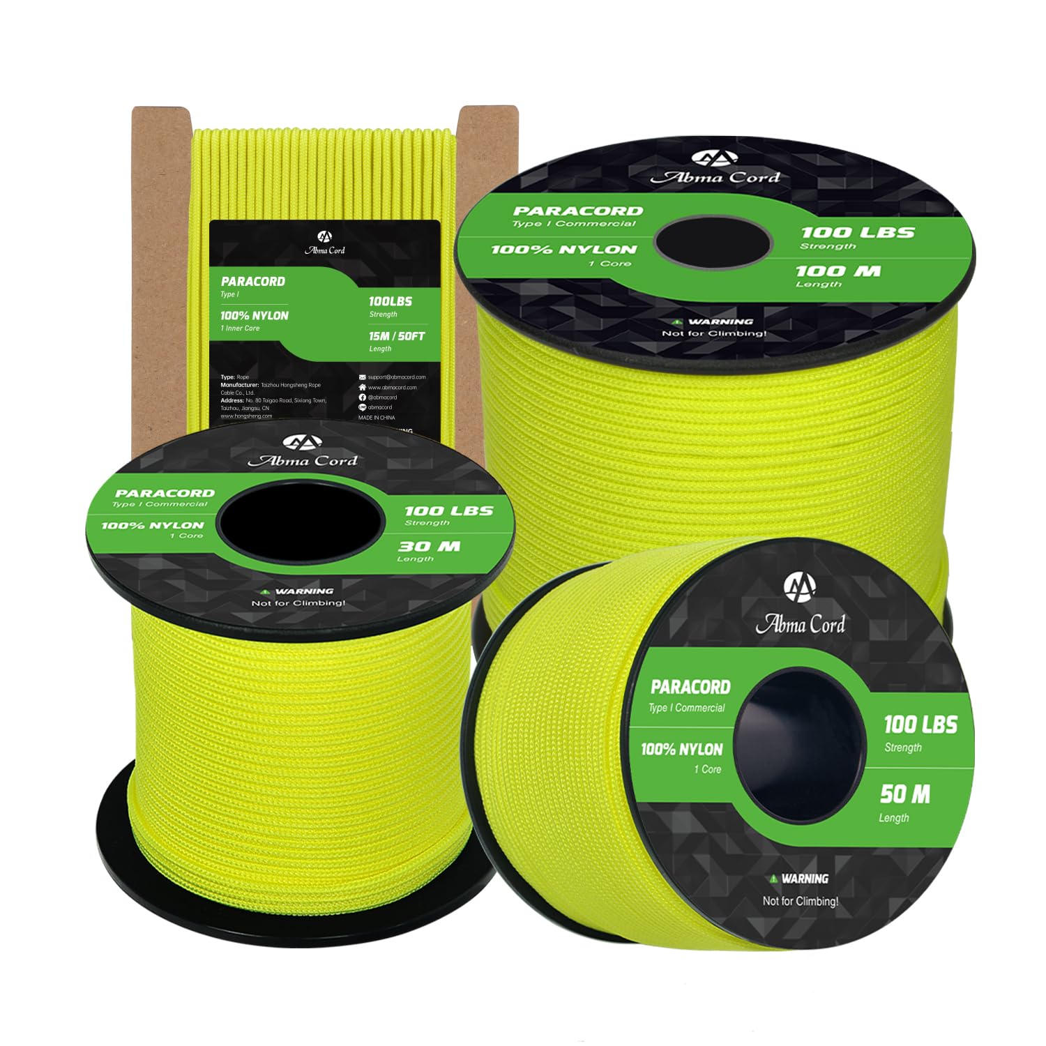 Abma Cord Paracord 2mm 100m 100% Nylon Rope 1 Strand Type I Parachute Cord - Max. 45kg (100lbs) - Neon Yellow