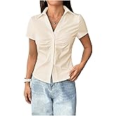 SweatyRocks Women's Ruched Button Up Blouses Collar V Neck Short Sleeve Work Shirts