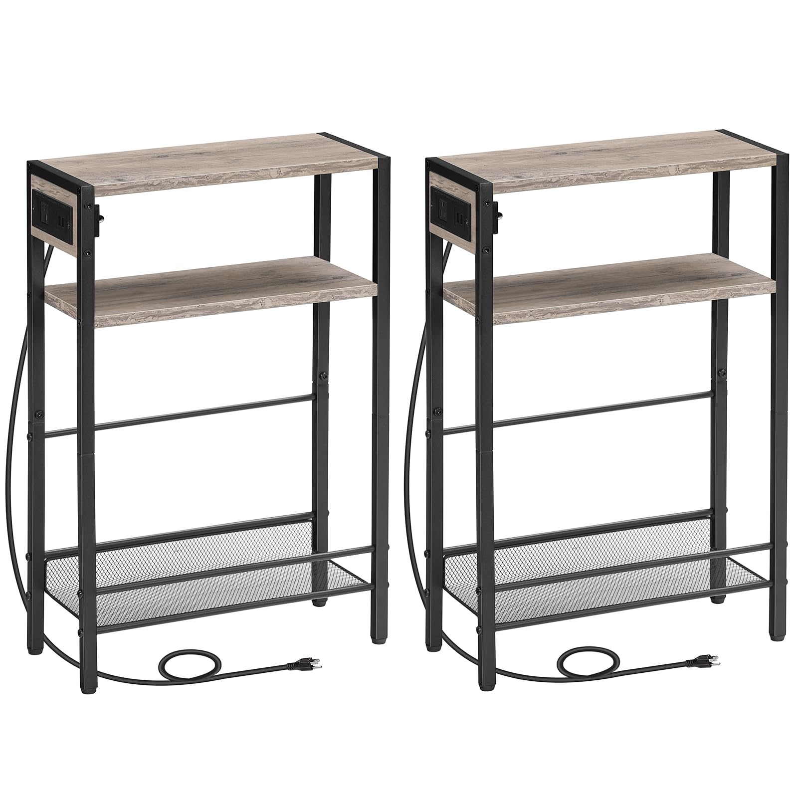 Photo 1 of HOOBRO Small Narrow Side Table with Charging Station Set of 2, Skinny End Table for Small Spaces, Slim Nightstand with USB Ports Outlet, Sofa Beside Table with Storage Shelf BG102UBZP201