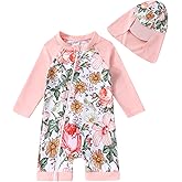 Toddler Baby Girls Swimsuit One-Piece Zipper Swimwear UPF 50+ Sun Protection Bathing Suit with Hat