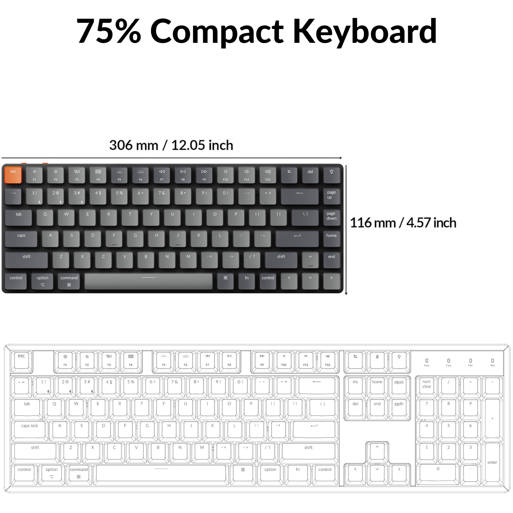 Keychron K3 Version 2, 84 Keys Ultra-Slim Wireless Bluetooth/USB Wired Mechanical Keyboard with White LED Backlit, Low-Profile Keychron Mechanical Brown Switch Compatible with Mac Windows