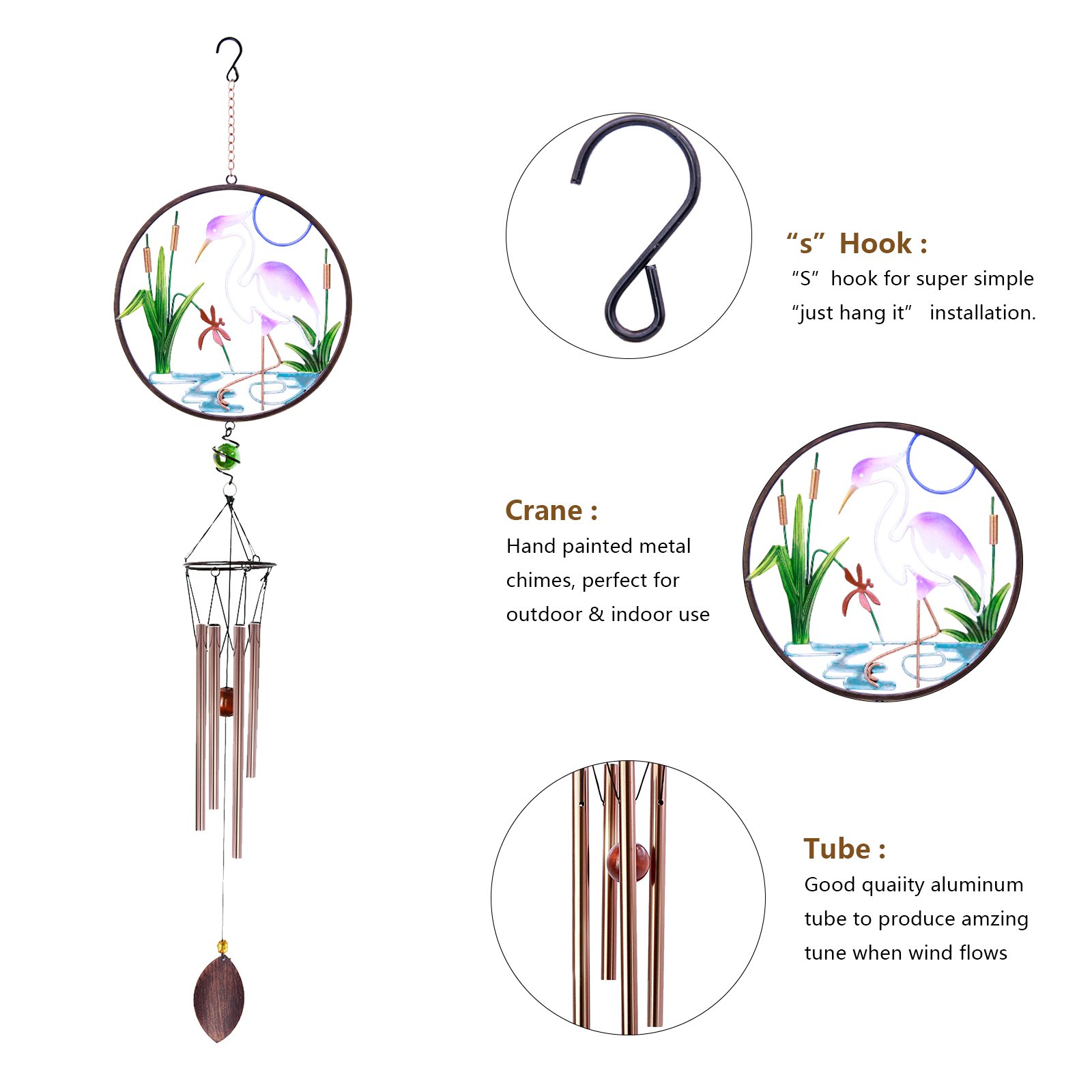 CREATIVE DESIGN CD-WC02, 32\'\'H White Crane Wind Chimes, Portable Metal Home Garden Decoration