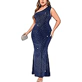 ZOMVA Plus Size One Shoulder Formal Evening Gowns Sparkly Mermaid Maxi Dress for Wedding Guest Cocktail Evening Party
