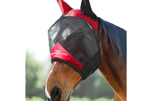 Harrison Howard Pro Luminous Horse Fly Mask Standard with Ears UV Protection for Horse Scarlet Red/Black Large Full Size