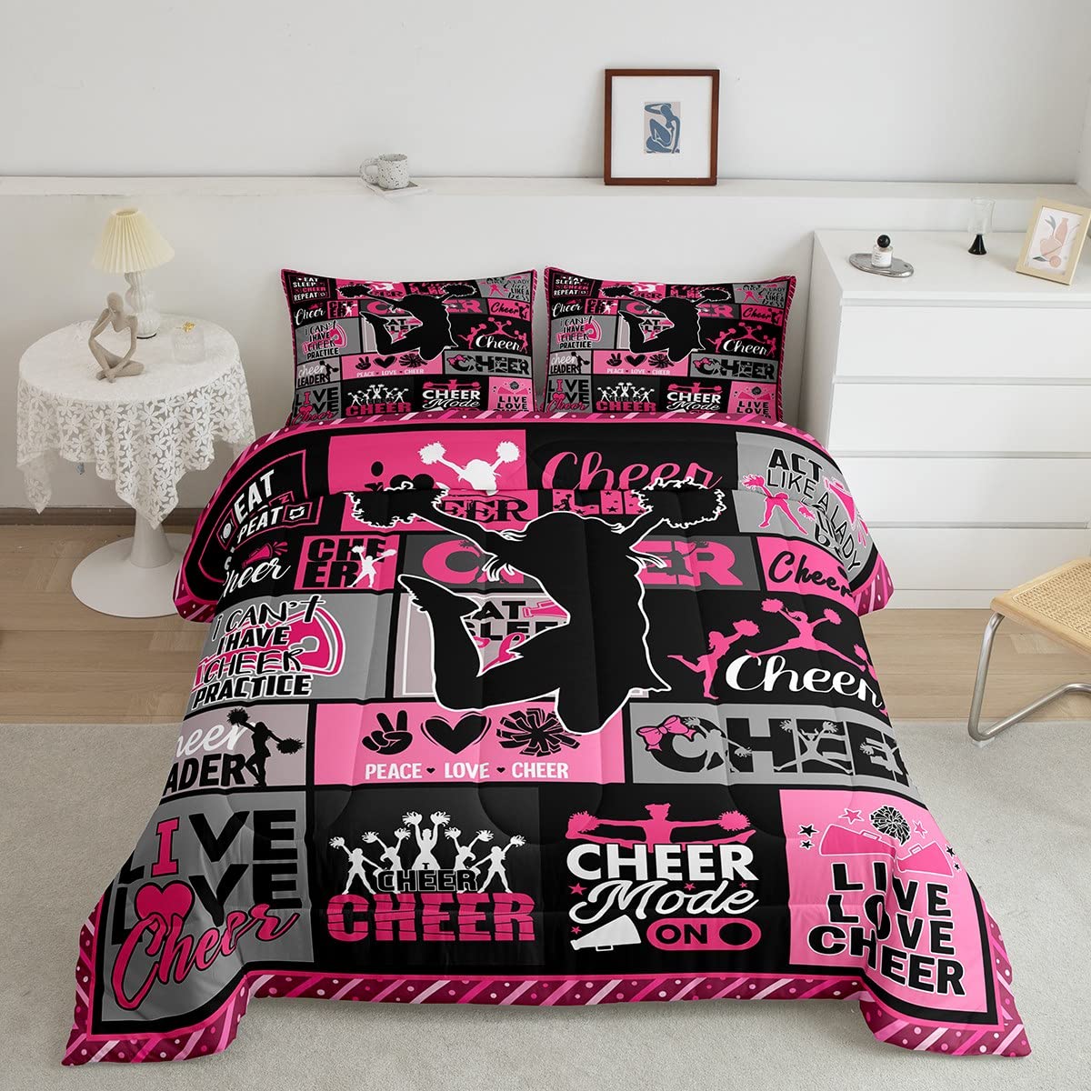 Girls Cheerleader Single Size Comforter Set,Kids Girls Dancer Decor All Season Bedding Set,Teens Geometric Checkered Comforter,Children Pink Gray Black Decor Quilt Set Bedroom Collection 2Pcs