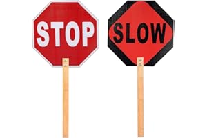 Kichwit Stop Slow Sign, 13" Double Sided Handheld Stop Sign, Street Slow Reflective Sign with Bamboo Handle, Aluminum