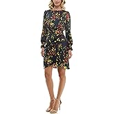 Nicole Miller Women's Long Sleeved Elastic Ruffle Cuff Satin Dress, Deep Navy Print, 10