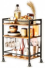 FEFE 3 Tier Rolling Kitchen Cart Rustic Wood Metal Wine Glass Rack 25kg view 2