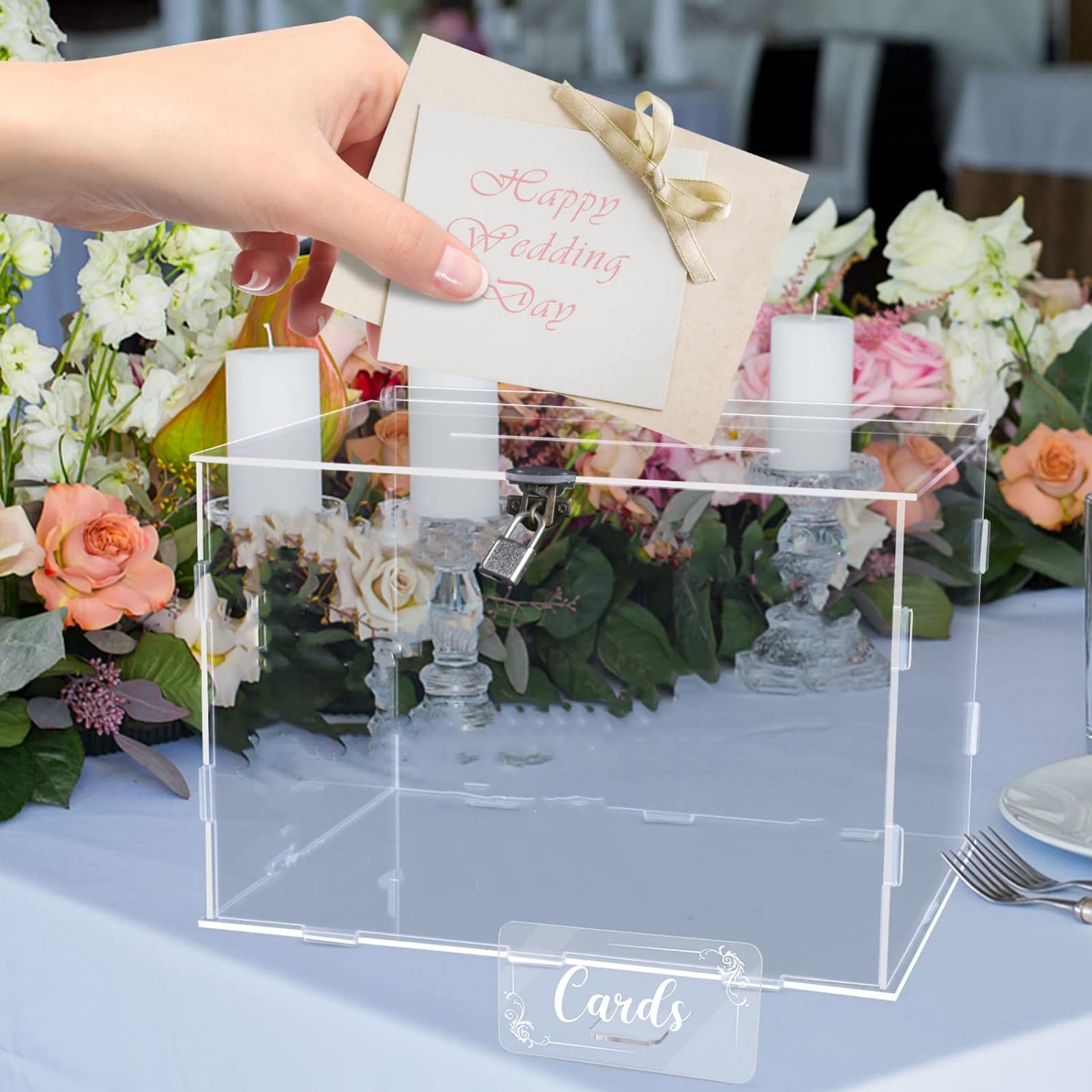 Photo 1 of Fowecelt Clear Acrylic Wedding Card Box with Lock, Rustic Card Box for Wedding Reception Bridal Shower Birthday Baby Shower Graduation