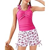 Sewetier Girls Tankini Swimsuit 2 Piece Ruched Tie-Straps Swimwear Drawstring Swim Shorts Girl Bathing Suit 7-16Y