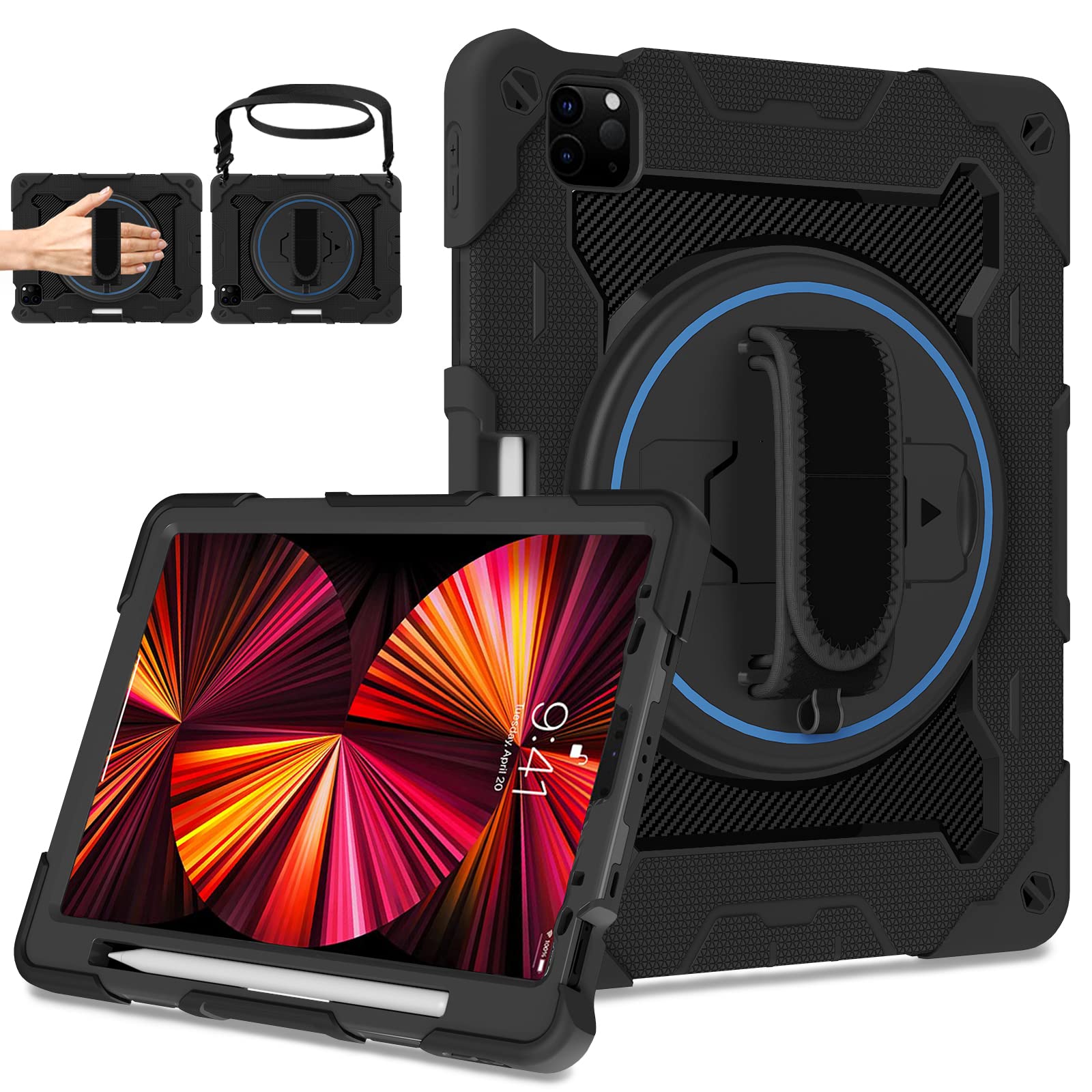 ROSROME for iPad Air 5th 4th Generation 10.9 inch Case,iPad Pro 11 inch Case 4th 3rd 2nd 1st Gen (2022 2021 2020 2018) for Kids with Screen Protector 360 Stand Hand Strap