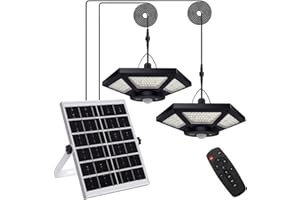 Yomisga Dual Head Solar Powered Shed Light Daytime Available Solar Pendant Lights Outdoor with Remote Control, Timer & Motion Sensor, 180 LED Solar Indoor Lights for Home, Shop, Garage, Barn…
