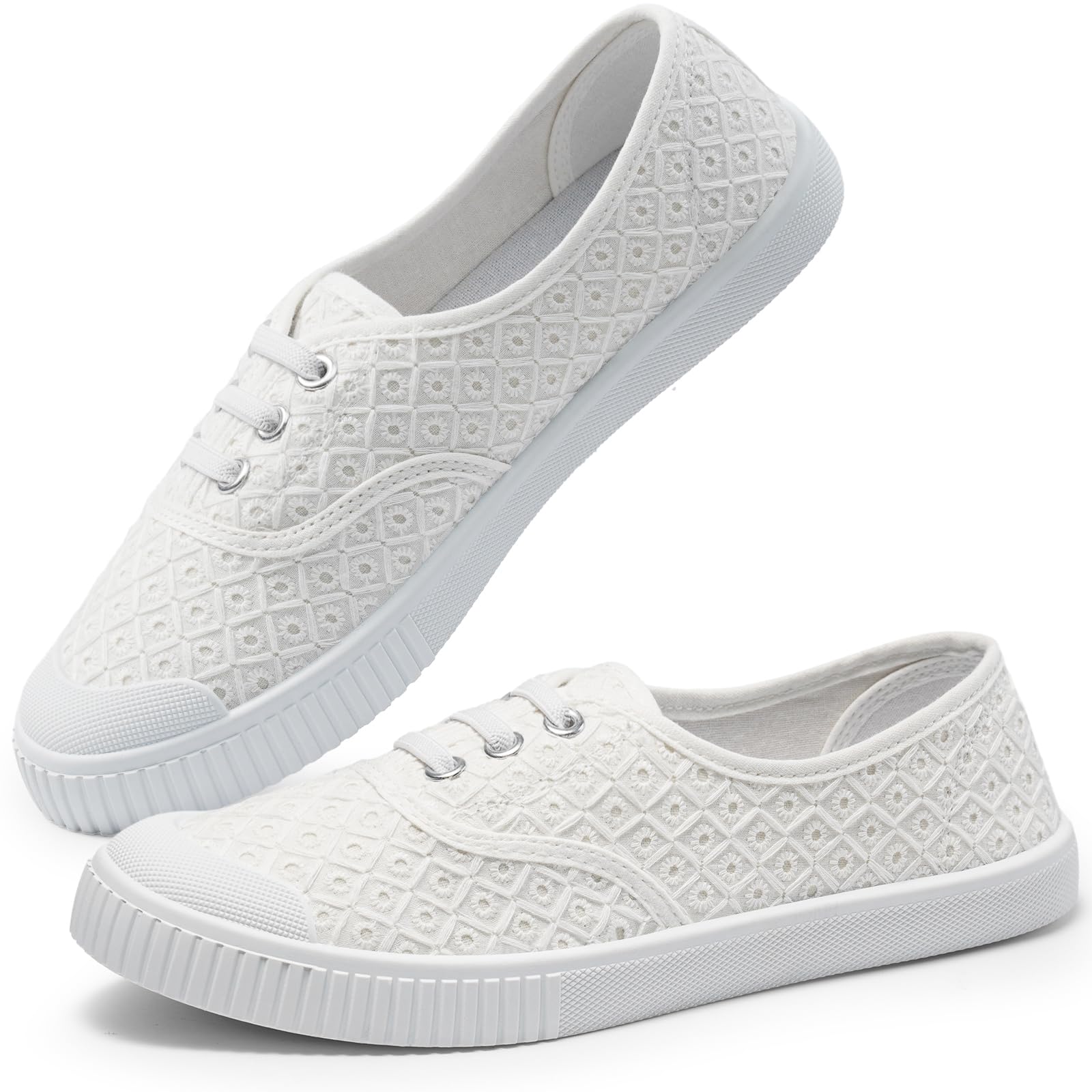 Photo 1 of Harvest Land Womens Canvas Low Top Sneakers Slip on Shoes for Women Fashion Walking Sneakers Flower White 9.5