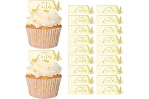 URROMA Rabbit Happy Easter Cupcake Toppers, 30pcs Rectangle Gold Cake Topper, Acrylic Cake Party Rabbit Decorations for Easter Day
