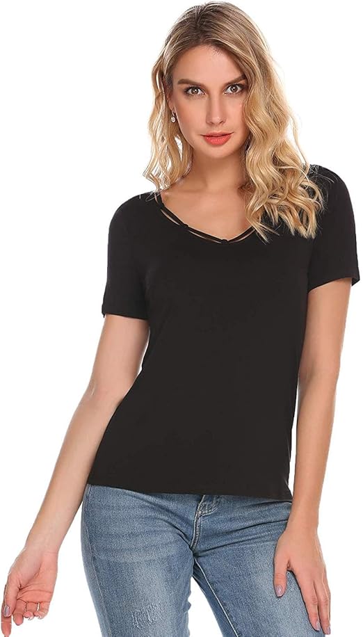 Damen T Shirt Mode Oberteile Elegante Festliche Basic Casual Mode Marken Unifarben Kurzarm V ...
