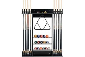 Goplus Pool Cue Rack, Wall Mounted Billiard Stick Holder, Made of Solid Pine Wood, Holds 8 Cues & Full Ball Set & 1 Ball Rack