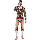 Men Ugly Christmas Jumpsuit Bodysuit Romper 3D Digital One Piece Outfit for Cosplay Role Play Party Printed with Sweater Top & Boxer Briefs & Socks Funny Novlety Catsuit