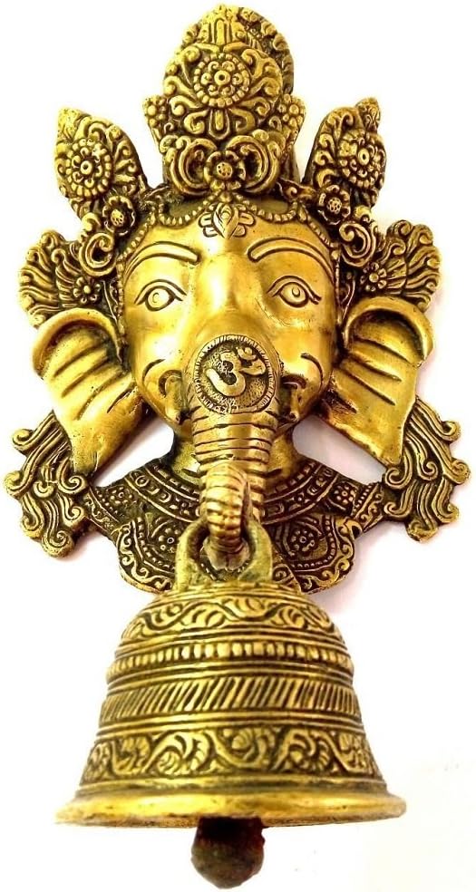 Artvarko Brass Murti Lord Ganesh Wall Decoration for Home with Elephant Bell Ganti on Trunk Ganesha Height 10 Inch Gold Color