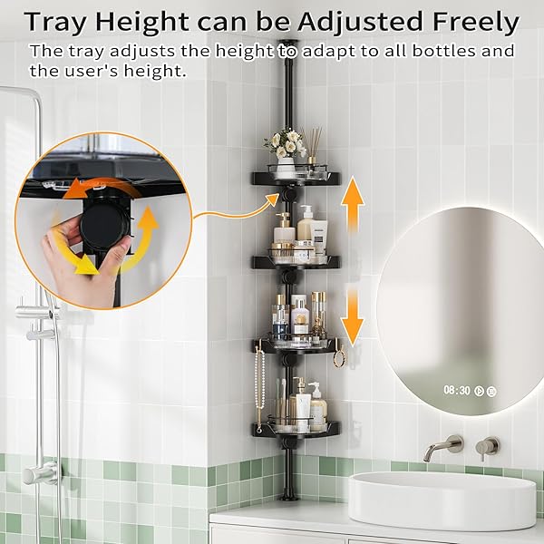 SHUANG QING 360° ROTATING CORNER SHOWER CADDY TENSION POLE ORGANIZER – 4-TIER ADJUSTABLE RUSTPROOF METAL POLE, PLASTIC SHELVES WITH SAFETY GUARDRAIL, BATHROOM STORAGE FOR SHOWER & BATHTUB(BLACK)
