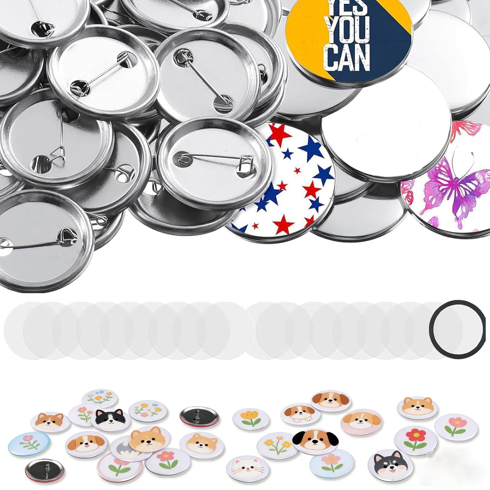 Badge Maker Supplies, 100 Sets 32mm/1.25 inch Pin Maker Buttons, Metal Badge Making kit with Metal Shell Cover, Transparent Film