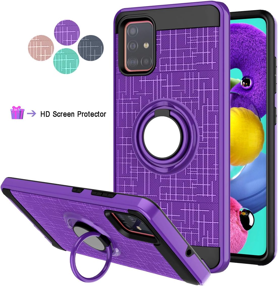 StarLodes Compatible for Samsung Galaxy A51 Case,A515 Phone Case,(NOT for 5G Version)[HD Screen Protector] Shockproof Protective Cover with Rotatable Ring Kickstand Fit Magnetic Car Mount-Purple