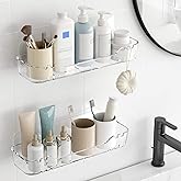 TZAMLI Acrylic Shower Caddy, Wall Mounted Adhesive Shelves with Lip, No Drilling Shower Organizer Clear Shelf for Bathroom Toilet Kitchen Storage, Long