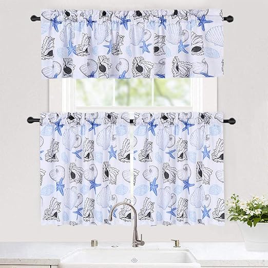 Amazon Com Haperlare 3 Pieces Kitchen Window Curtain Set Ocean