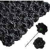 DH EYB Rose Artificial Flowers, 50Pcs Black Roses Head Flowers Bulk with Stem, 3 Inches Silk Rose Fake Flower Head for Wedding Party Home Decor DIY Baby Shower Centerpieces Tables Decoration(Black)