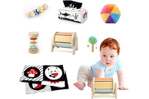 DULSAERA Montessori Toys for Babies 0-6 Months, 7 in 1 Learning Educational Set Newborn Toys 6-12 Months, Rainbow Ball, Baby Black and White Books, Tissue Box Toy, Spinning Drum, Rattle Toy