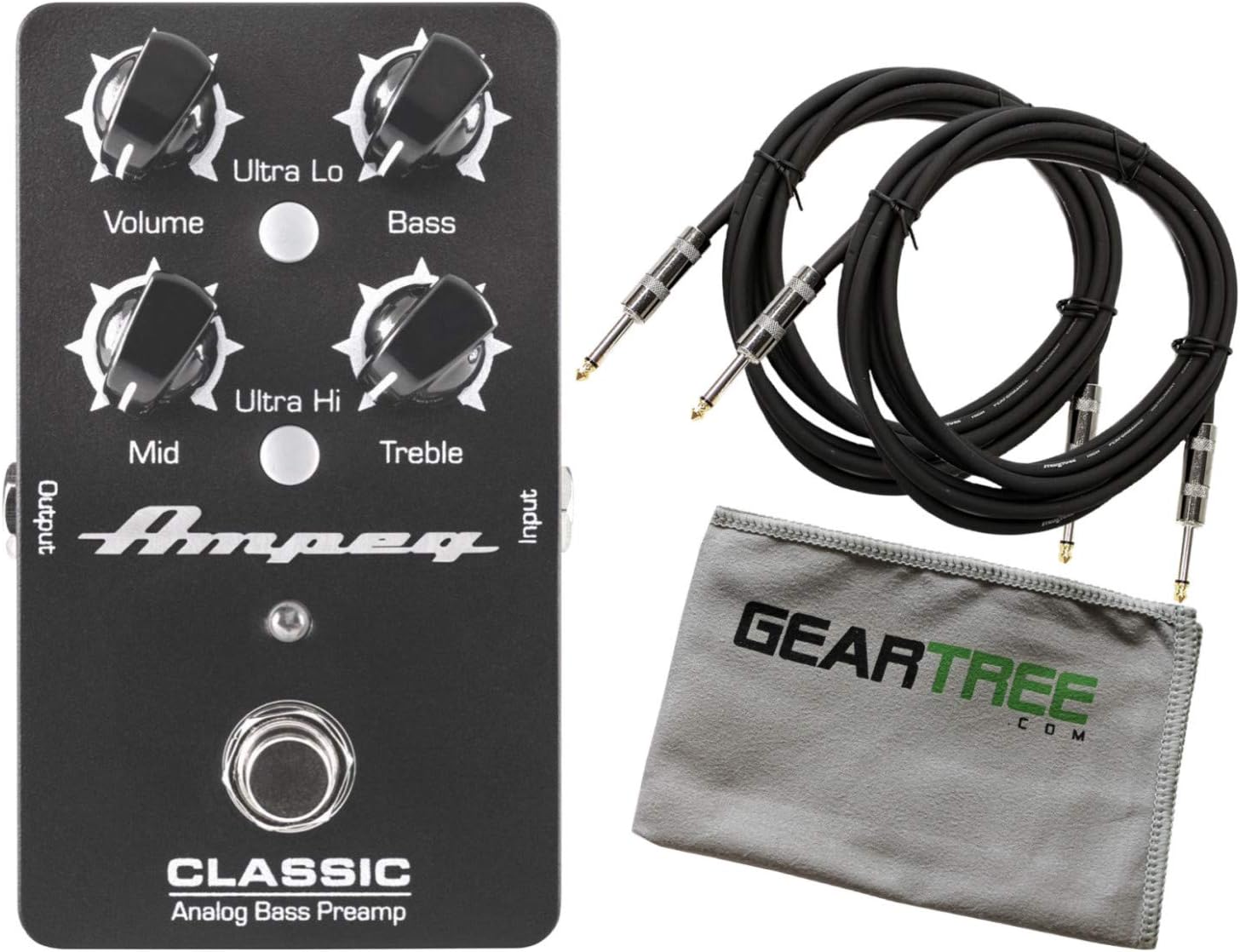 Ampeg Classic Analog Bass Guitar Preamp Pedal Bundle w/ 2 Cables and Cloth