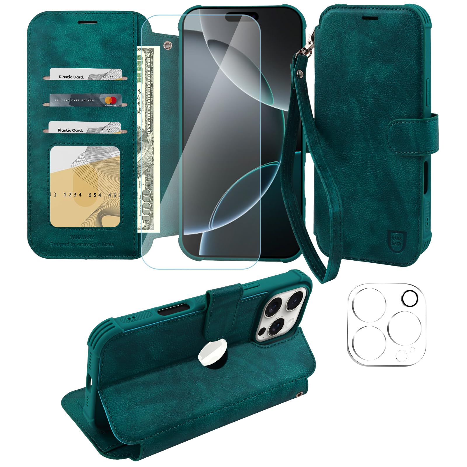 VANAVAGY Compatible for iPhone 16 Pro Max Wallet Case, 12ft Drop Protection, RFID Blocking PU Leather Flip Cover, Card Holder & Kickstand, Shockproof Phone Case for 16 Pro Max-6.9 Inch,Midnight Green
