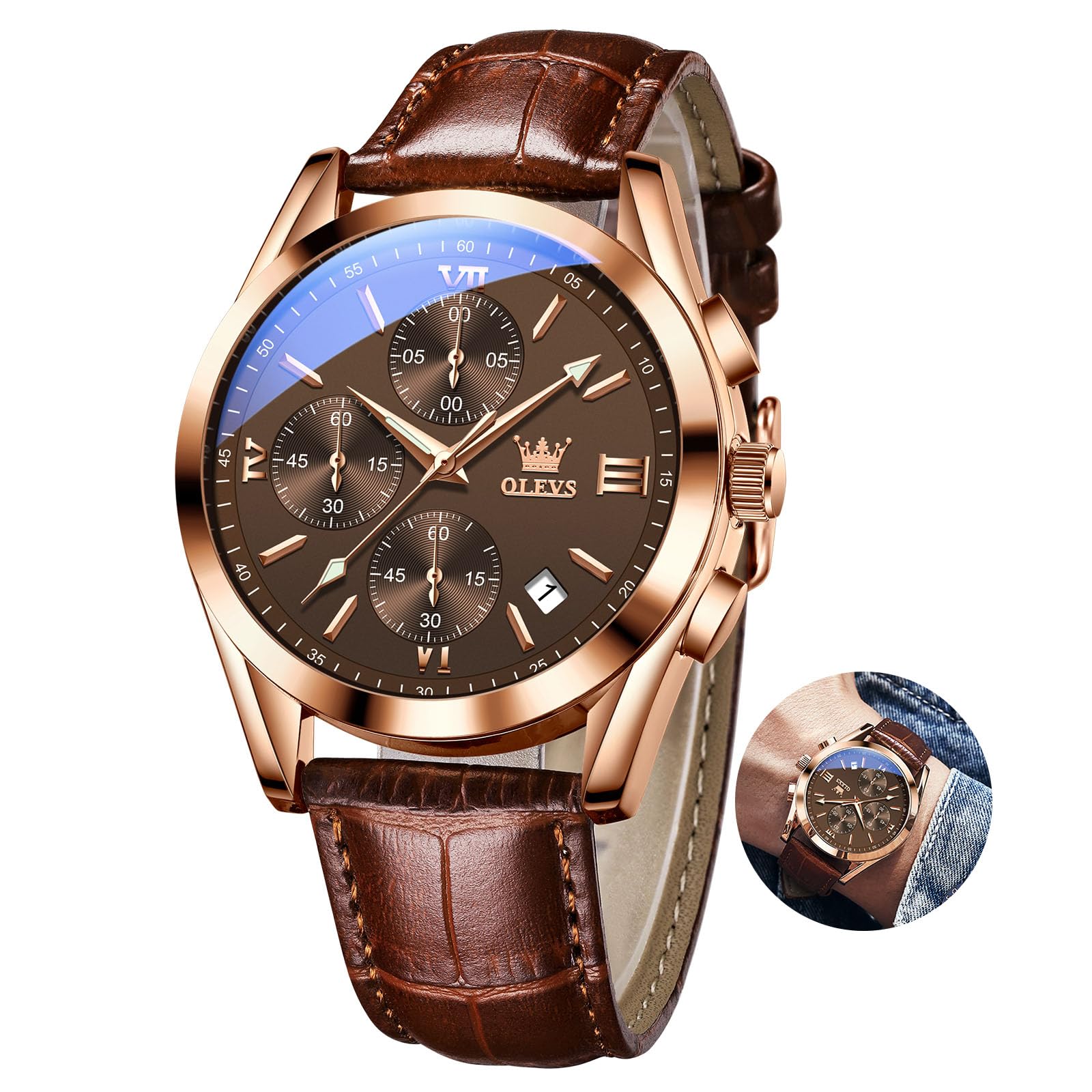 OLEVS Fashion Luminous Men's Watch, Large Dial Multi Chronograph Watch for Men, Luminous Dress Watch, Waterproof Men's Analogue Watch with Date, Brown/Black/White/Blue Dial