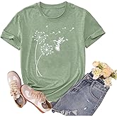 Women's Dandelion T Shirts Cute Wildflower Graphic Tees Funny Nature Bird Print Summer Casual Short Sleeve Tee Tops