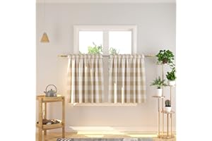 NATUS WEAVER Buffalo Check Kitchen Tier Curtais 30 inches Long Plaid Gingham Rod Pocket Classic Cafe Curtains Country Farmhouse Kitchen Half Window Curtains 2 Panels Beige & White