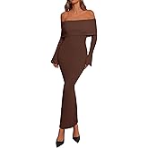 dowerme Women's Off The Shoulder Sweater Dress 2026 Formal Long Sleeve Bodycon Maxi Wedding Guest Dresses Spring Outfits